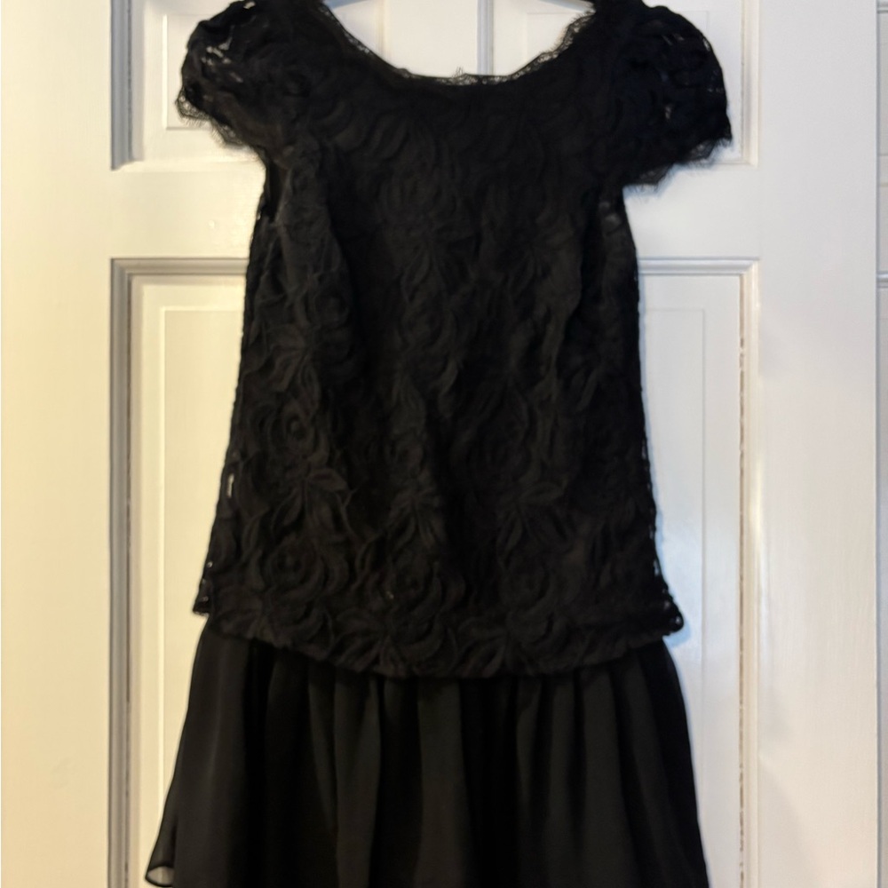 Cap Sleeve Drop Waist Lace + Chiffon Dress
